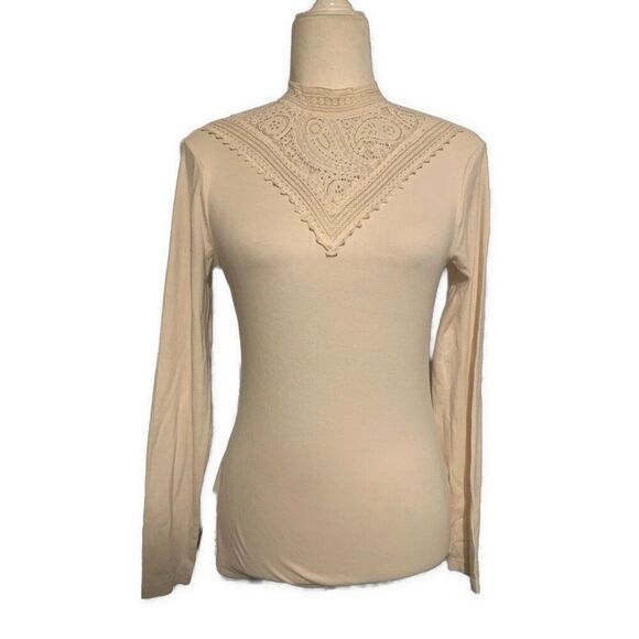 Ralph Lauren Womens Solid Bone Cream Long Sleeve Lace Mock Neck Top T Shirt Xs - Picture 1 of 3